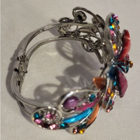 🎇REDUCED..Vintage Statement Hinged Multi Stone Floral Silver Tone Bracelet - Picture 3 of 3